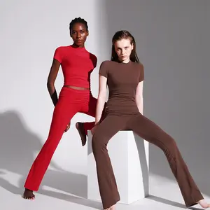 PUMIEY Women's Lounge Sets Minimalist Chic Short Sleeve Tops & Fold-Over Flare Pants All Seasons Pajama Set Sleepshirt Plain Pink Loungewear Nightwear Homewear Basic Jet Black 2 Piece Sets Comfort Sweat Set Fall Sets Valentine Outfitinspo Spotlightfinds