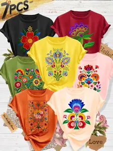 7Pcs Women's Crew Neck T-Shirts, Folk-Style Embroidery Floral Series Print, Multiple Colors Available, Machine Washable, Spring & Summer Tops, Soft Skin-Friendly Fabric, Daily Versatile, Casual, Fashion Design, Womenswear