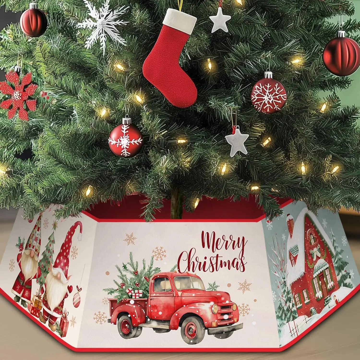 Christmas Tree Collar for Artificial Trees, Red Winter Snowman Truck Santa Claus Rustic Country Christmas Decoration, Fabric Hexagonal Base Tree Collar Skirt for Xmas Tree Decorations Holiday Party