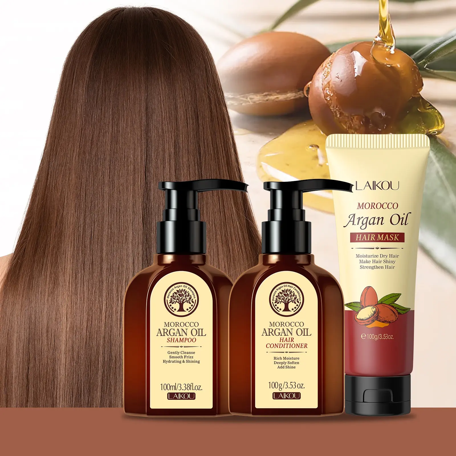LAIKOU Morocco Argan Oil Hair Care Gift Set - Moroccan Hair Care 3 PCS Shampoo, Deep Nourishing & Deep Repair Conditioner & Hair Mask Kit | Intense Nourishing & Anti-Frizz Routine for Dry Damaged Hair | Salon-Quality Smoothing Treatment Box