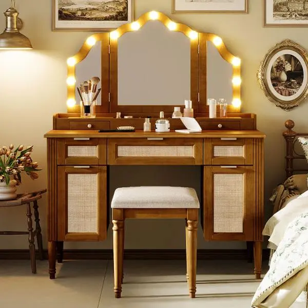 [Bellemave]44.37 " Makeup Vanity Desk with 13 Hollywood Bulbs and 3 Lighting Modes, Dressing Table with Tri-Fold Mirror , Large Vanity Table with 5 Drawers and Shelves and  2  Cabinets for Bedroom, White