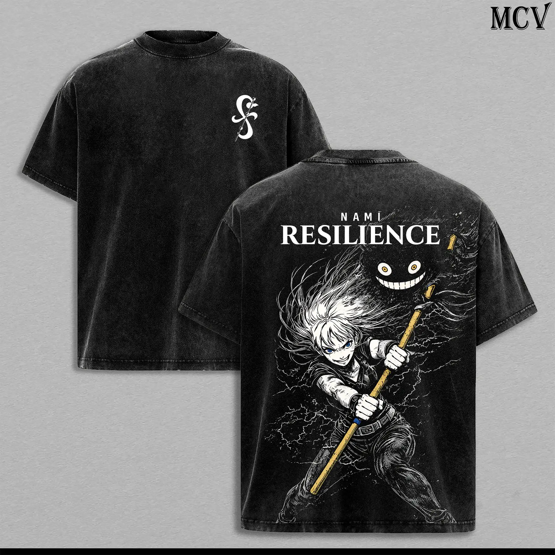 Nami Resilience Washed Tee – One Piece Anime Manga Lightning Graphic Double Printed T-Shirt, Menswear Heavy Cotton Unisex Oversize Streetwear Vintage Edition
