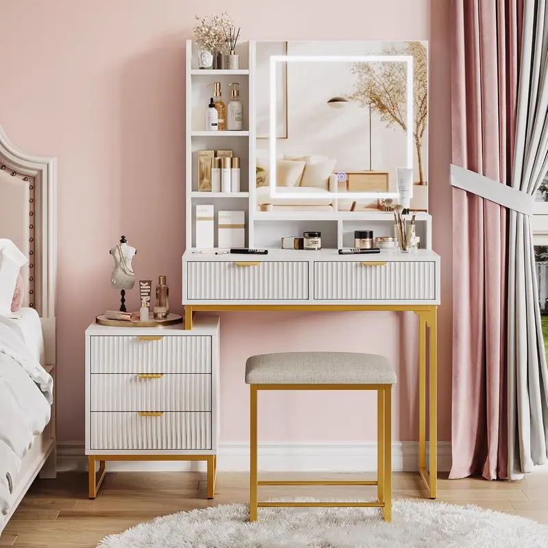 Gold Vanity Desk Set with Vanity Desk Design, 3-Light-Mode Mirror, 5 Drawers, Removable Storage Cabinet, Anti-Tip Base, Padded Stool for Bedroom