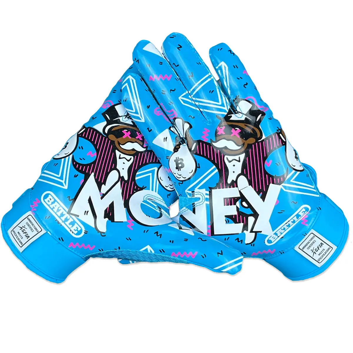 Battle Sports Adult Money Man 2.0 Limited Edition Football Receiver Gloves - Neon Blue, Breathable Nylon, Ultra-Stick Palm, Multi-Size