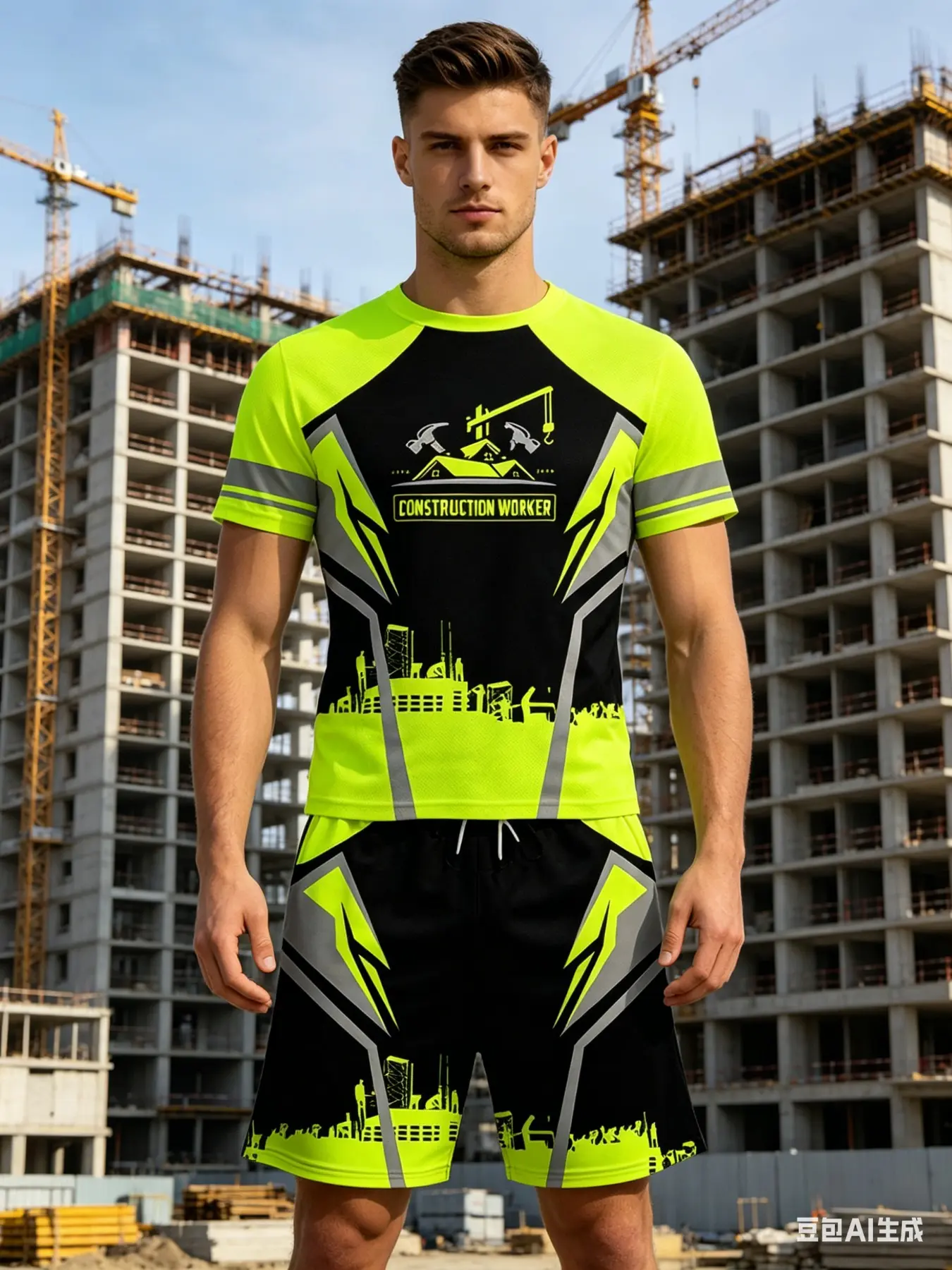 Men's High Visibility Reflective Workwear Set, Construction Worker Print Short Sleeve Tee and Shorts, Casual Loose-Fit Two-Piece Athletic Activewear