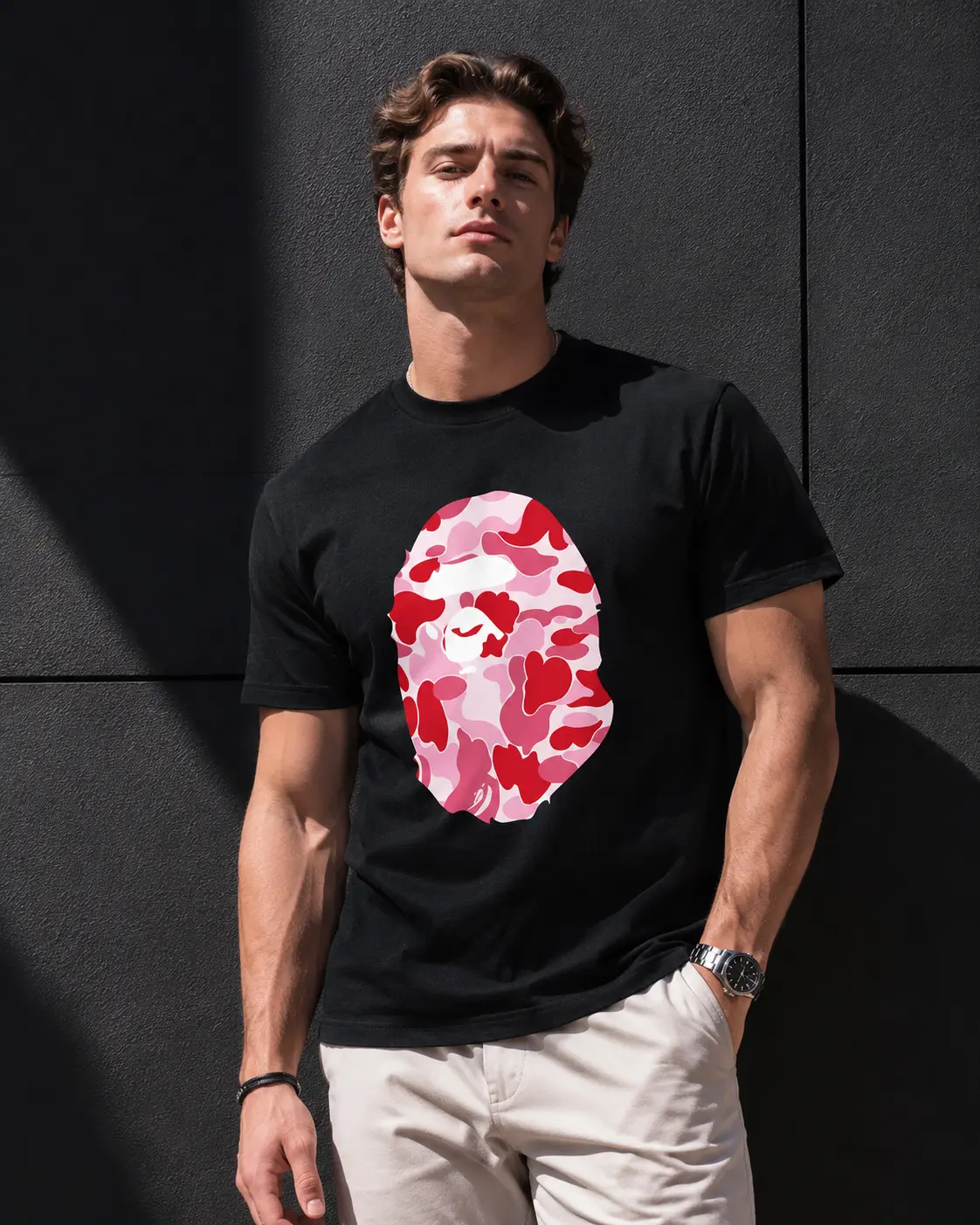 HOT NEW Pink Camo Ape Tee Black Short Sleeve Crew Neck Casual Summer T-Shirt with Iconic Ape Head Design