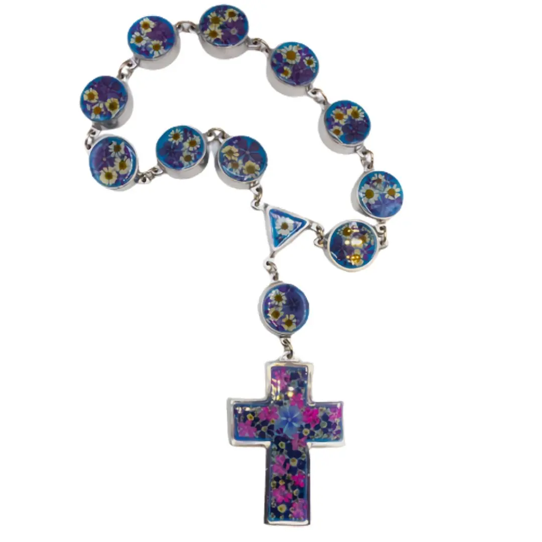 Grand Rosary Beads Wall Ornament w/ Pressed Flowers 19"