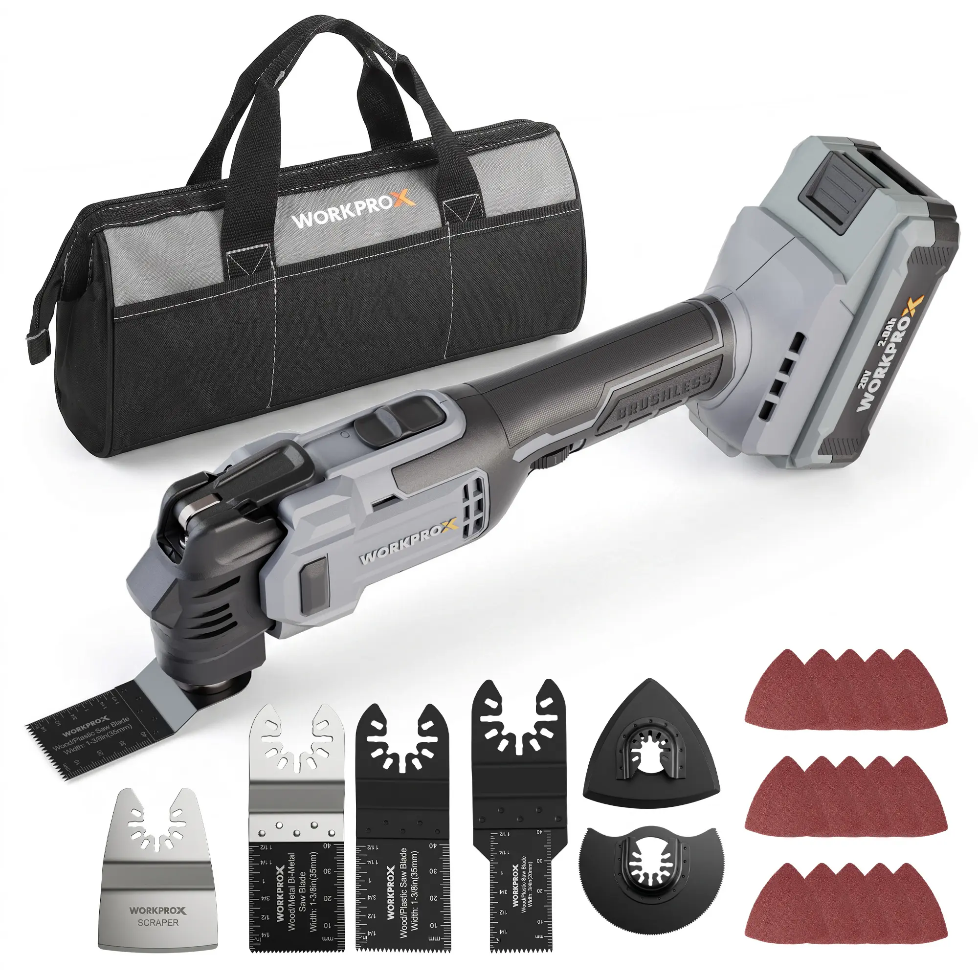 WORKPROX 20V Brushless Cordless Oscillating Multi-Tool Kit, 6 Variable Speeds, 3.6° Oscillation Angle, 22 Accessories, 1 Battery & Bag