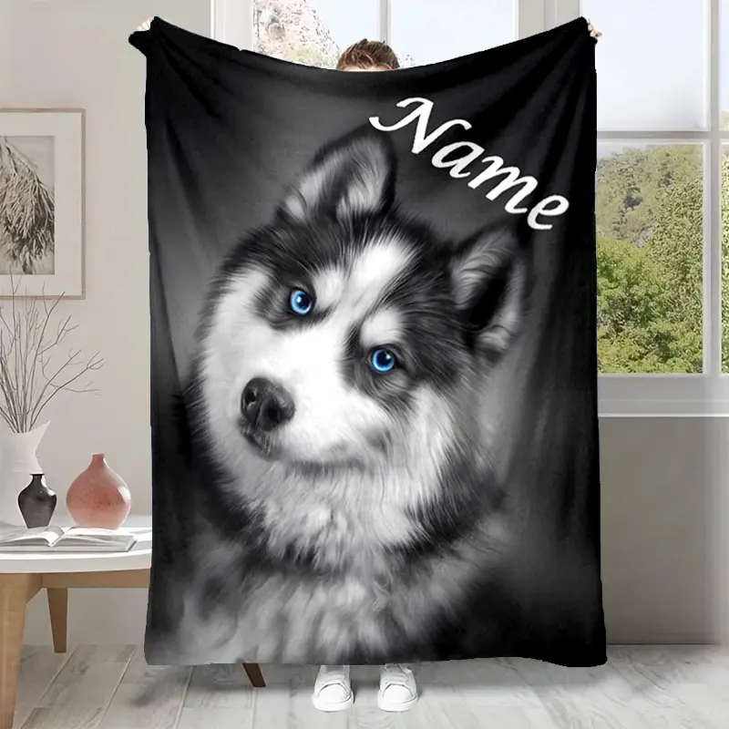 Customized Personalized Husky Dog Fleece Blanket with Name - Cozy Polyester Throw, 59x79in (Over 2.16m²) - For Bed/Sofa - Festive Gift for Dog Lovers (Home Supplies,Festive Decorations), 59X79 Inches