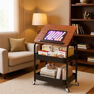 Tiltable Mobile Laptop Cart with Height Adjustment, Multi-Tier Rolling Desk Organizer, Multi-Purpose Lazy Side Table for Sofa Side, Bedroom & Home Office, Furniture Organization
