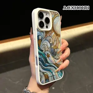 Sun and Waves Stained Glass Pattern Magnetic Smartphone Casing, Anti-Yellowing Shockproof Lightweight Transparent Acrylic Soft Cover for iPhone 17 16 15 14 Pro Max 13 12 11 XR XS Plus, Wireless Charging Support, Cellphone Protection Accessories