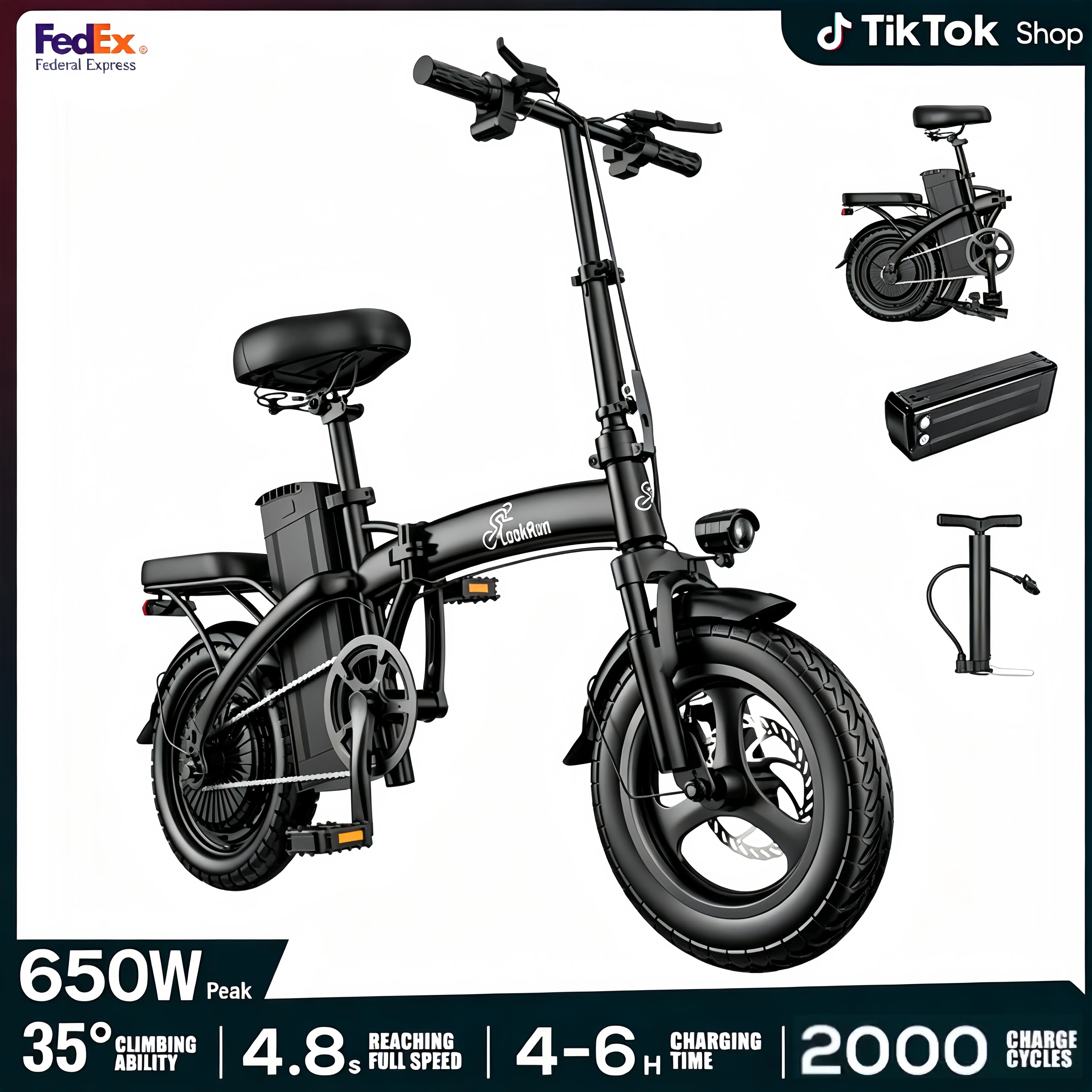 LOOKRUN 650W Folding Electric Bike for Adults, 14-Inch Compact E-Bike, 48V15Ah Removable Battery, 20+ MPH Max Speed, 45+ Mi Range, Multi-Function Suspension, 400 lbs Max Load, UL 2849 Certified bateria de bicicleta