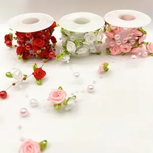 Elegant Rose Pearl Leaf Beaded Garland - 78.74 Inch Pearl & Leaf Ribbon | Perfect for Wedding Arch, DIY Crafts & Party Decorations, Decorative Flower Ornaments