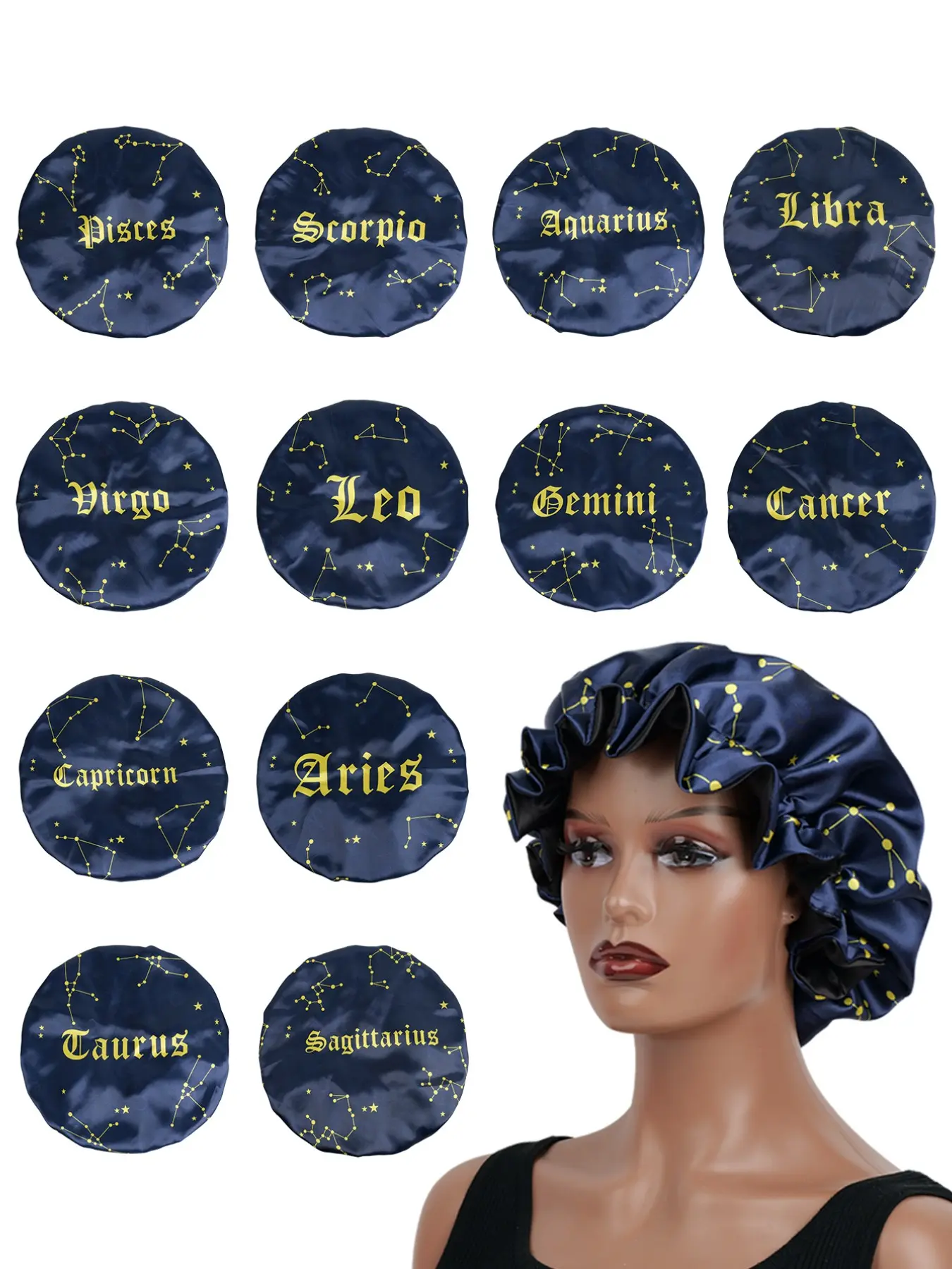 Women's Lace Sleep Cap with Zodiac Print, Astrological Prints, Wide Elastic Design, Expandable Fit, Waterproof, Foldable Hair Hat, Hair Bonnets, Daily Use and Shower, Men's Sleep Cap, Foldable Convenience, Water Resistant