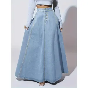 ElegantWashedDenimSkirt,HighRiseButtonFlyA-lineMaxiSkirt,Women'sClothing