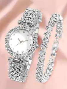 Women's Elegant Round Diamond Dial Quartz Movement Watch Set with Heart Shaped Bracelet, Fashionable Durable Party Watch for Daily Wear