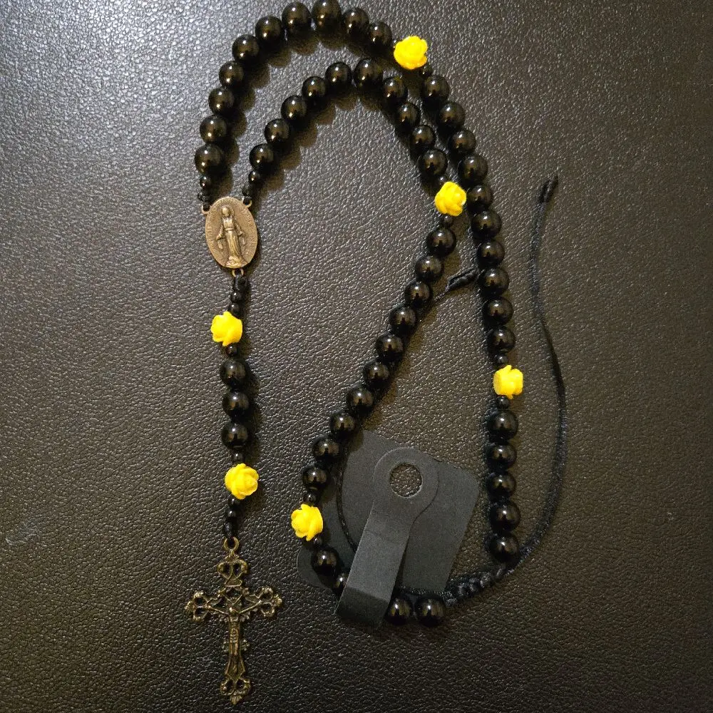Adjustable Rosary with Black Onyx Beads Yellow flower Accents and Vintage Bronze Cross