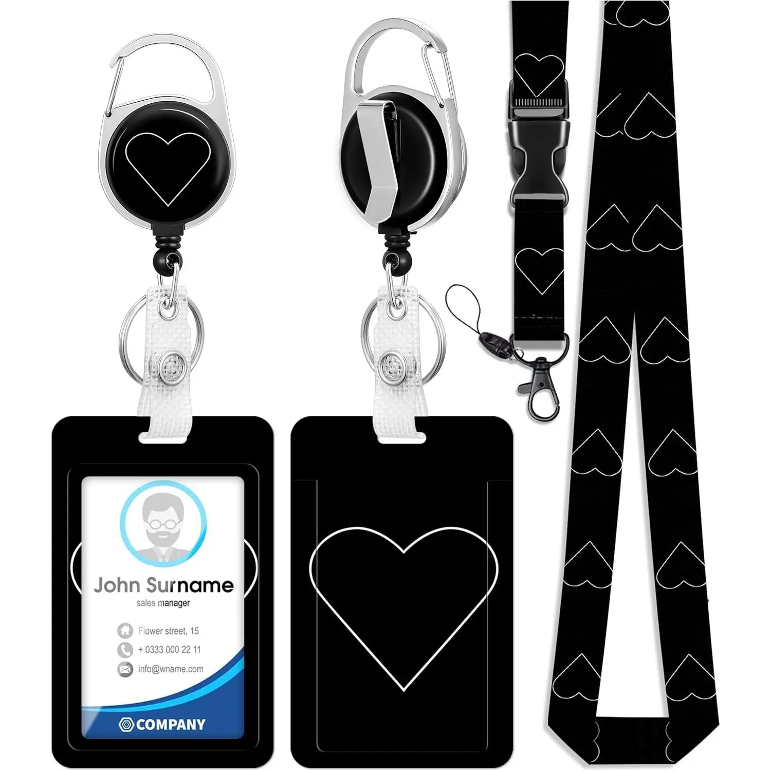 ID Badge Holder with Lanyard and Retractable Badge Reel Clip, Love Heart Card Name Tag Lanyard Vertical ID Protector Bage Clips for Nurse   Teacher Student Black