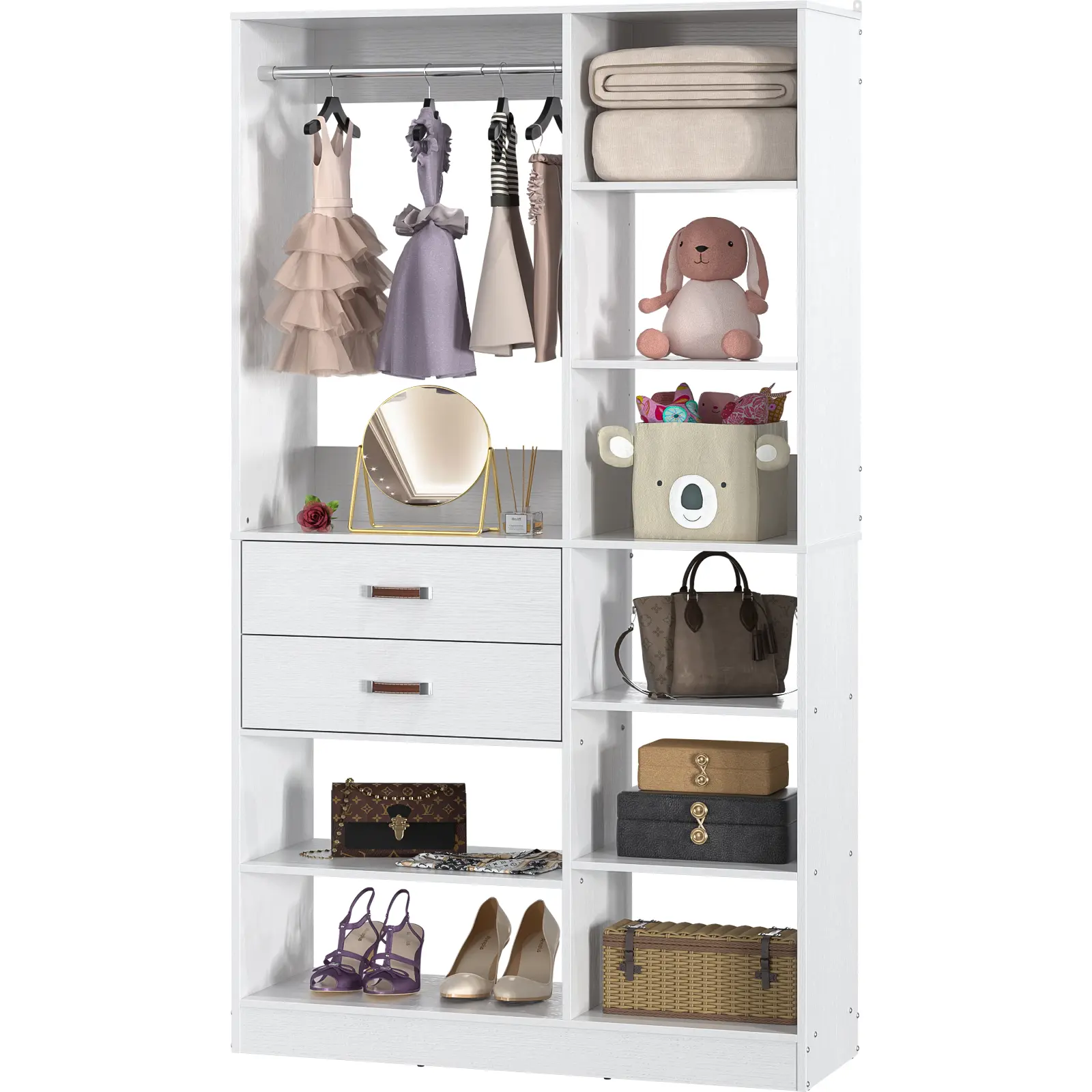 39''W Modern Armoire Wardrobe Cabinet, Storage Unit Closet System with 2 Wood Dressers & Metal Hanging Rods [2 Packages Shipping]