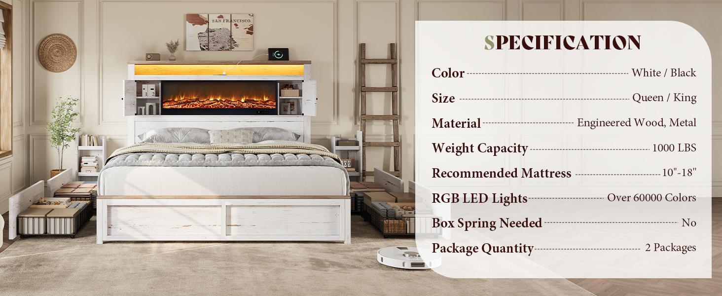[Ships in 2 Boxes] VanAcc Bed Frame with Fireplace, Farmhouse Storage Platform Bed with 57" Headboard, Barn Door Cabinets, 4 Drawers & 2 Bedside Racks, RGB LED & Charging Station