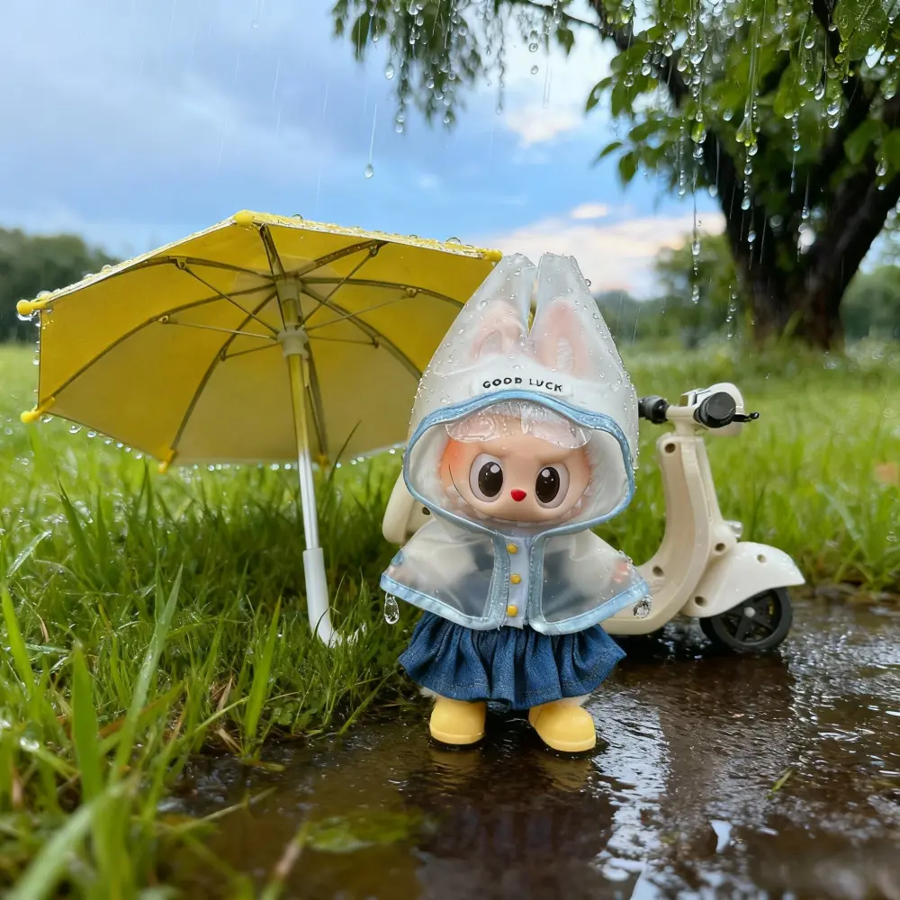 Labubu 3-Piece Set with Pleated Skirts Waterproof Raincoat & Yellow Rainboots Universal Fit for 6.7in Labubu Dolls  costume stylish outfit accessory Christmas & Black Friday Plush Outfit Set bulabu doll doll dress Casual Labubu Doll Clothes Set