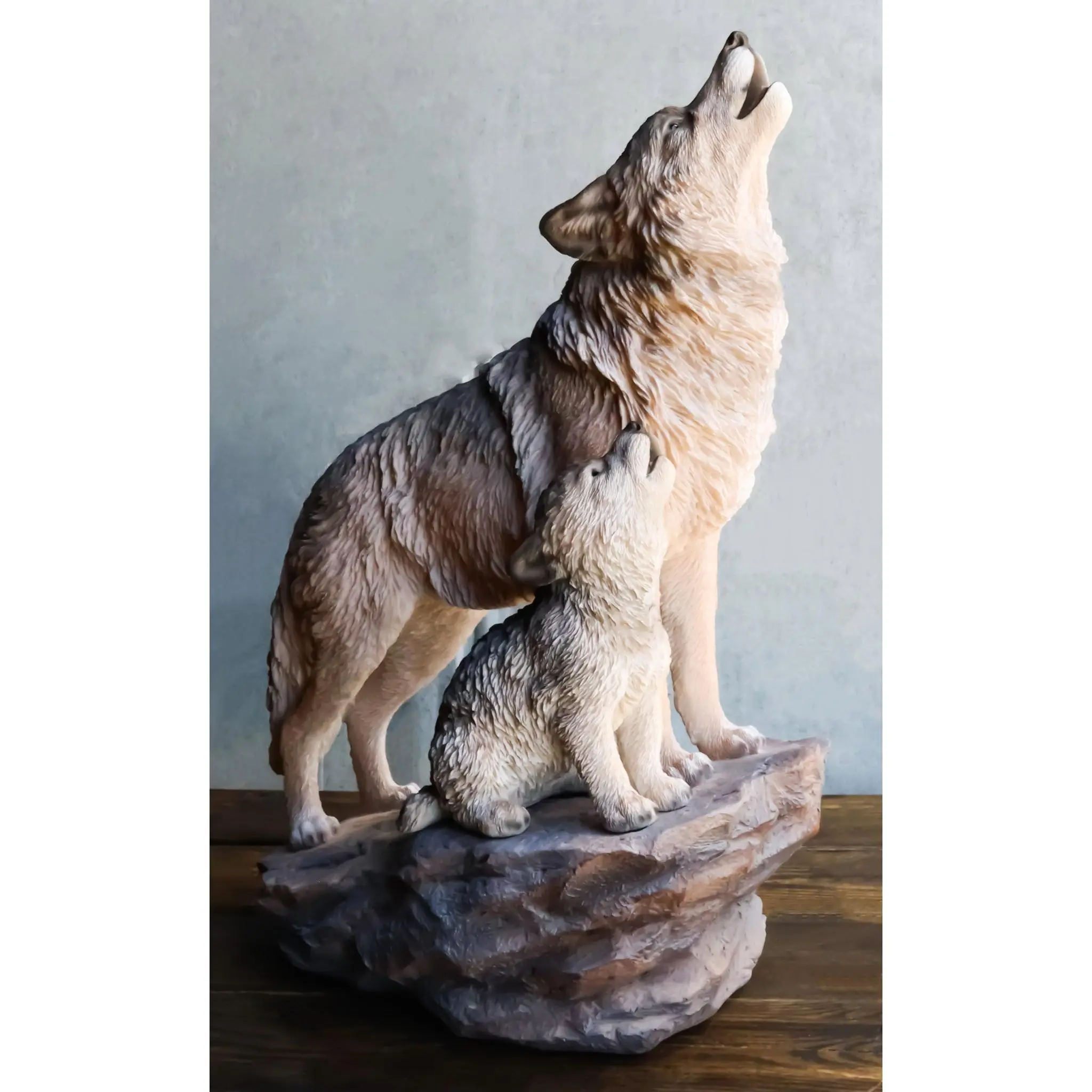Large Full Moon Howling Spirit Wolf Alpha With Puppy On Rock Ledge Statue 15.5"H