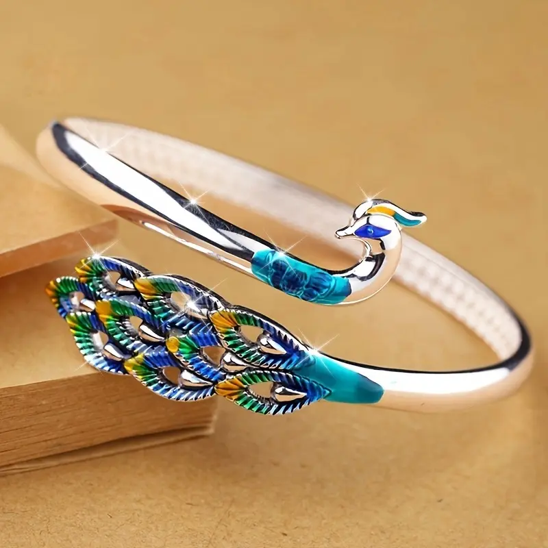 S999 Silver Handmade Silver Bracelets & Bangles, Peacock Design, 25g/0.88oz, Ideal Gift for Girlfriend on Valentine’s Day or Holidays