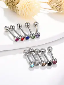 Stainless Steel Rhinestone Decorated Tongue Ring (10pcs/set), Fashionable Simple Style Ball Shaped Tongue Piercing Jewelry, Body Jewelry for Men & Women