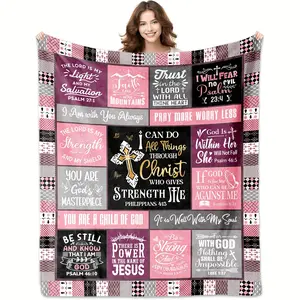 Christian Gift Blanket for Religious Enthusiasts - 1pc Soft Plush Flannel, Inspirational Bible Verses, Cross Design, Retro Patchwork Throw, 280GSM All-Season Comfort for Sofa, Bed,summervibes