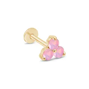 Pink Opal Trinity Cluster Flat Back Stud in Solid 14k Yellow Gold