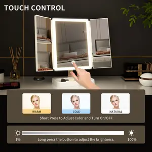 [Makeup Mirror with Natura!LEDLights] Lighted Trifold VanityMirrorwith 2X& 3X Magnifications40Dimmable Lights, TouchScreen,Cosmetic Stand -(White) decor Decor Decor