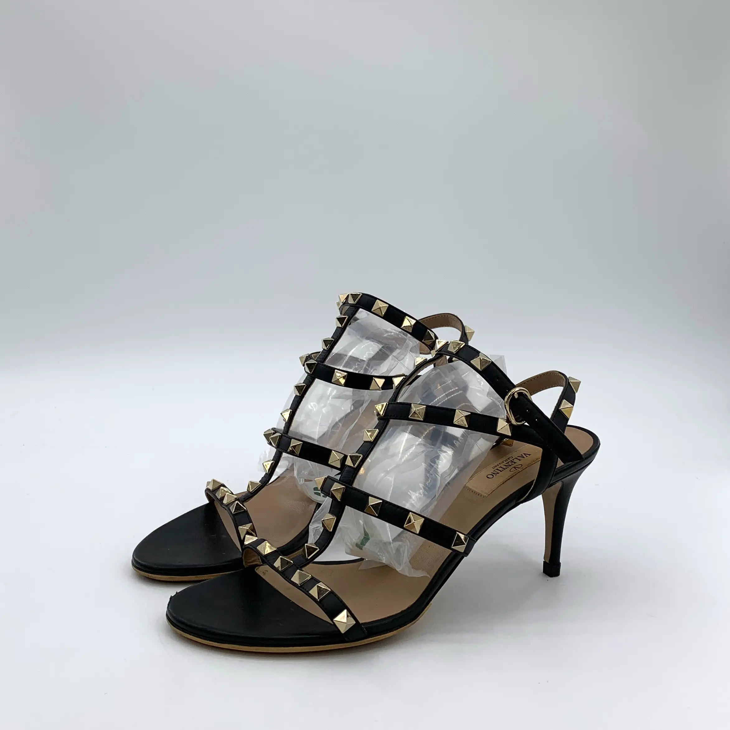 RDLT-Valentino Black Rock stud Strap Stiletto Heels Size 38-J36213