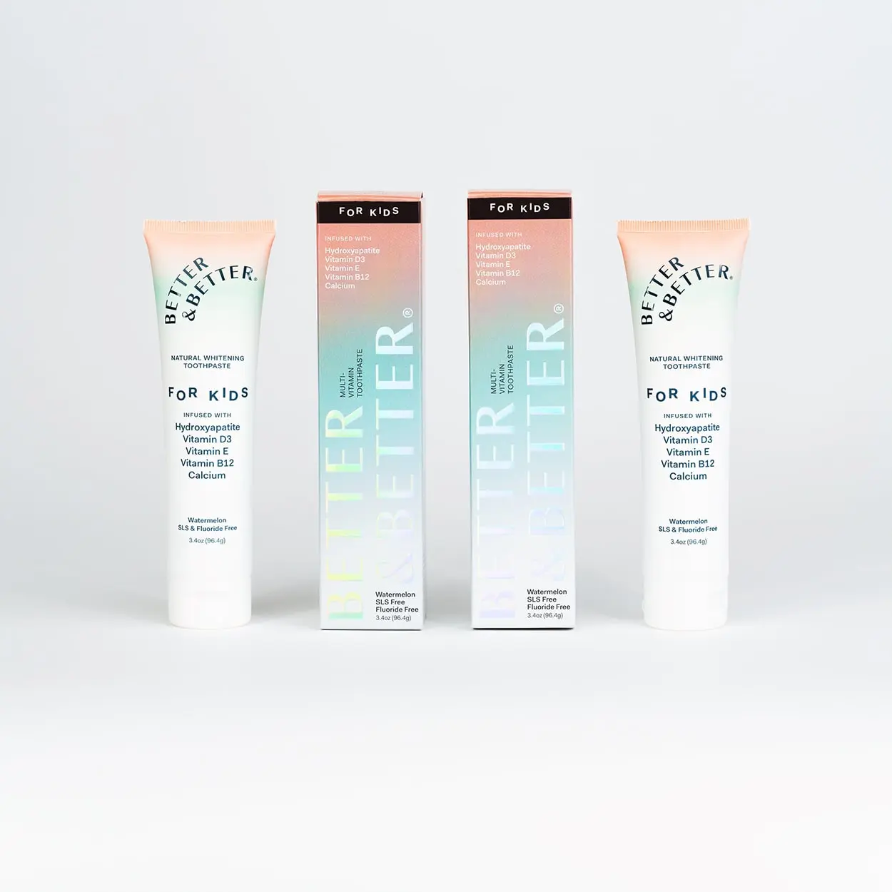 Better & Better Kids Multivitamin Toothpaste 2 Pack Fluoride-Free Watermelon Flavor with Hydroxyapatite Vitamin D3 E B12 Calcium