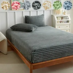 Luxury Faux Rabbit Fur Striped Bed Sheets Fitted Sheet 3-Piece Set, plush soft and warm solid color bedding, high-quality sheet set (1 mattress cover + 1/2 pillowcases), for all seasons, ideal for bedrooms/dorms/sofa, fluffy and comfortable gift