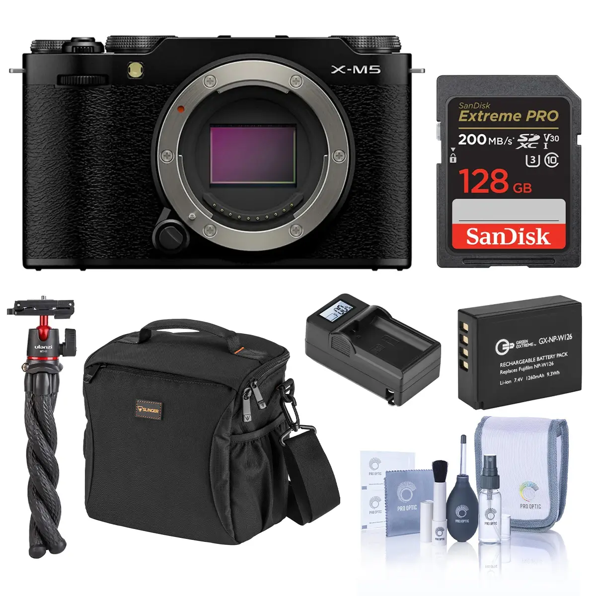Fujifilm X-M5 Mirrorless Camera, Black, Bundle with 128GB Memory Card, Extra Battery, Tripod with Ball Head