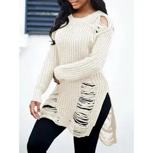 Women's Plain Ripped Split Hem Drop Shoulder Sweater, Street Fashion Long Sleeve Round Neck Jumper for Daily Outdoor Wear, Women Knitwear for Fall & Winter