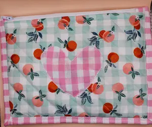 Quilted Peach Gingham Heart Pouch with Zipper, Feminine For Her, Padded Makeup Bag, Fabric Sewn Handmade, Lined Cute, Versatile, Multipurpose
