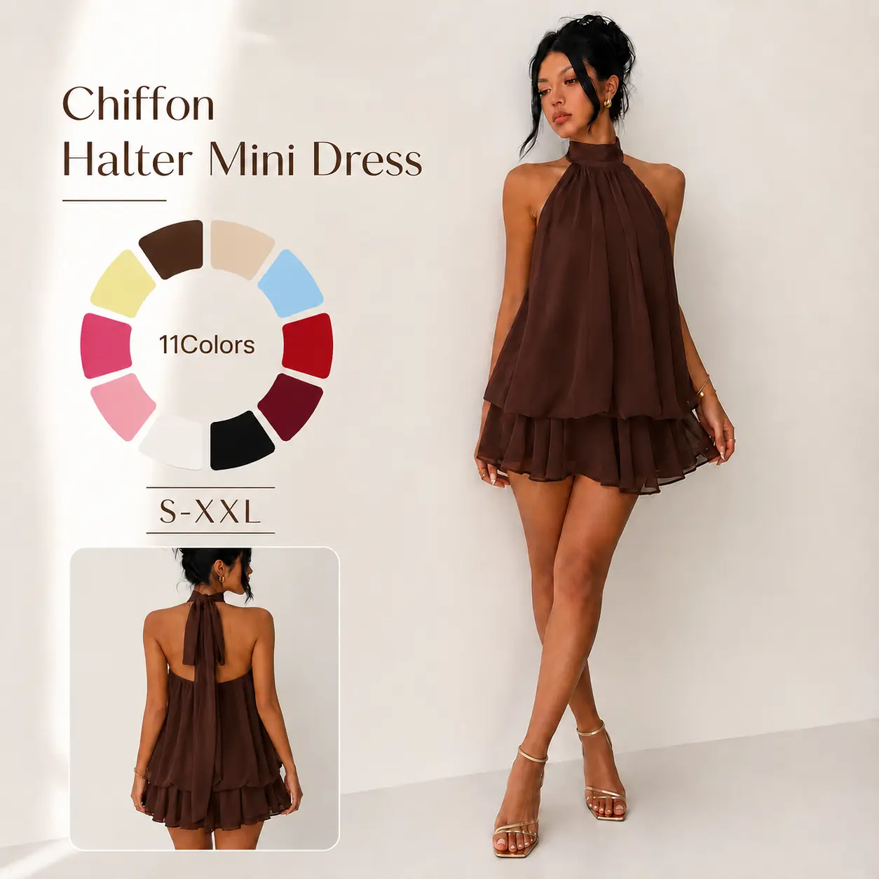 Women's Halter Chiffon Mini Dress, Back Tie Sleeveless Layered Ruffle Romper Dress, Flowy A Line Short Dress, Casual Party Date Night Vacation Outfits