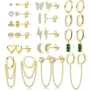 ZELORES 29Pcs 14K Gold Plated Earrings Set for Women Moon Heart Butterfly CZ Bead Huggie Hoops Studs for Multiple Piercings