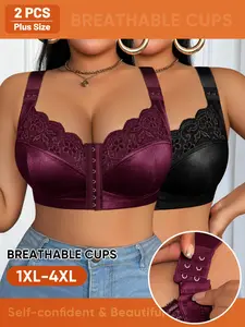 Elegant Plus Size Wireless Unlined Breathable Bra Set, Underwear, Women's High Elasticity Wide Shoulder Straps, Contrast Floral Lace Fan Trim, Casual Full Coverage