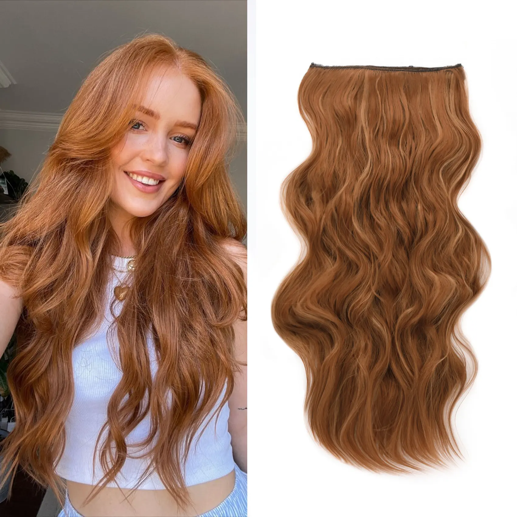 #SummerVibes [QBEAUTY]  Blonde/Brown/Red  Clip- in Synthetic Hair Extensions Long Wavy 4PCS Thick Hairpieces  Double Weft Natural Hair Extensions for Women New Upgraded Lace Weft  Same Amount Of Full Hair With Lighter Weight All Day Comfort