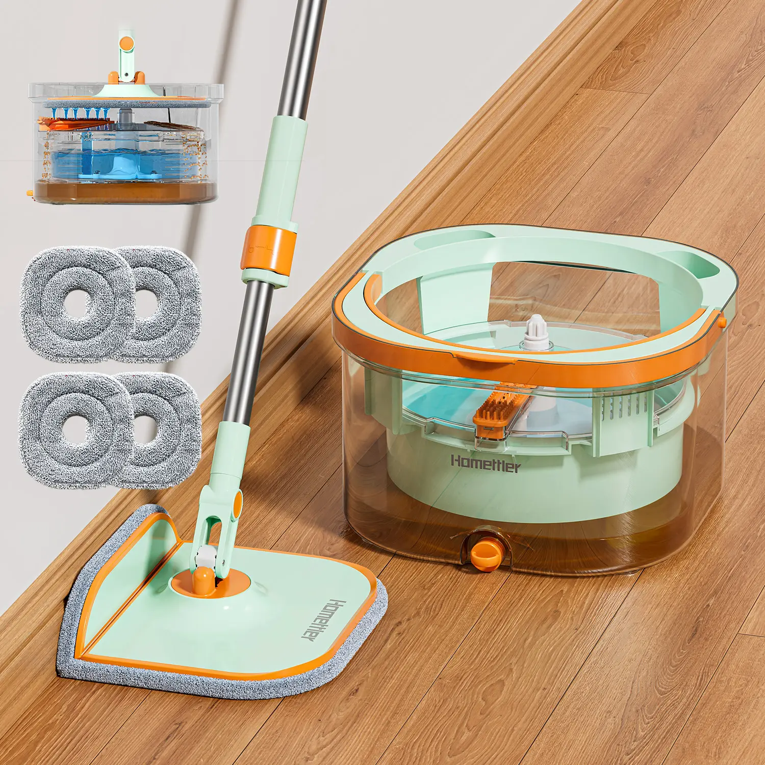 HoMettler Transparent Spin Mop and Bucket Set, Dual-Tank Clean-Dirty Water Separation, 4 Microfiber Pads for Deep Floor Cleaning, Triangular Head for Wall Cleaning hard dirtymop 360 cleaner bathroom use home