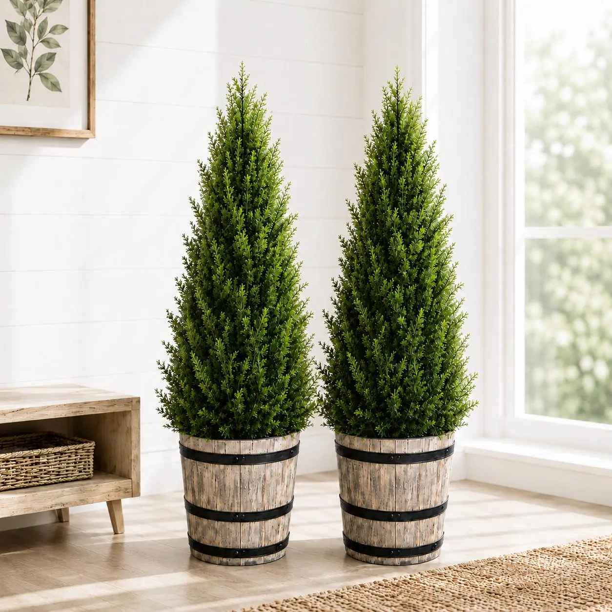 [Set of 2] 3FT Artificial Cedar Topiary Trees with Rustic Barrel Planter, Faux Indoor Outdoor Pine Shrubs, Realistic Fake Cypress Plants for Home, Office & Porch Decor
