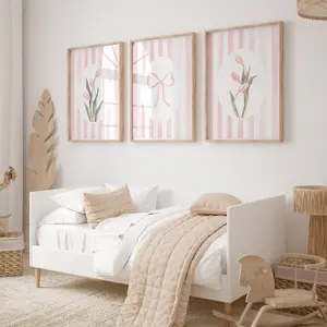 Unframed, Room Decor, Pink Bow Nursery Decor Girls Room Flowers Print Set of 3 Tulips Watercolor Wall Art Coquette Bedroom Decor Preppy Dorm Posters