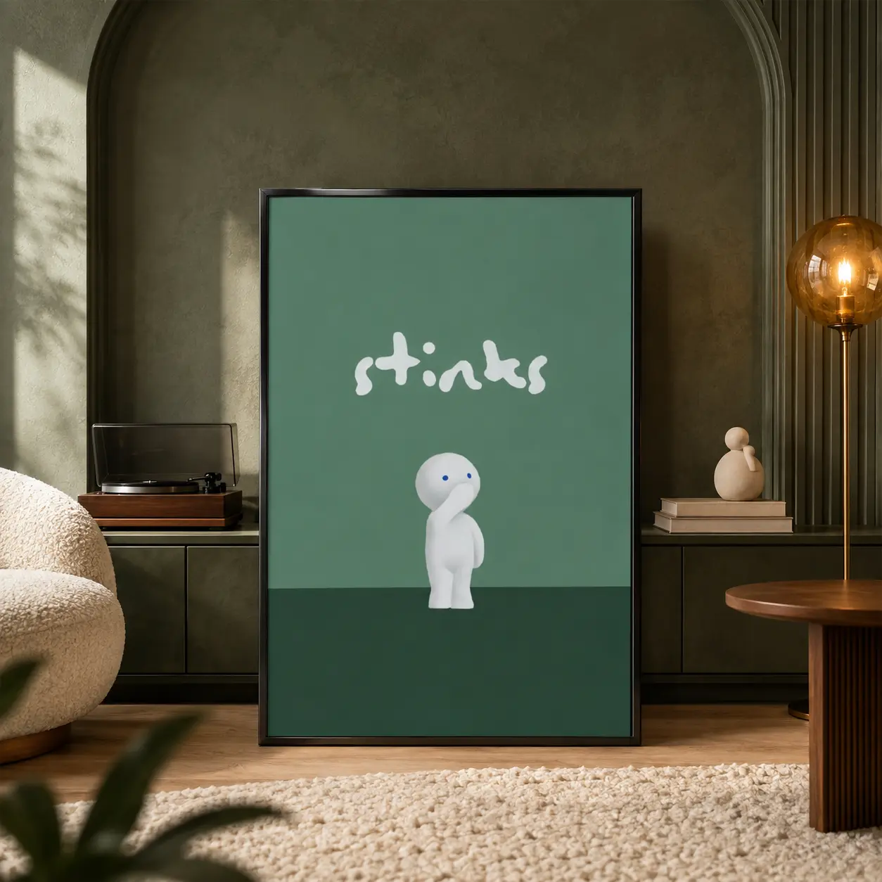 Funny Minimalist Cartoon Wall Art, Dark Green Quirky Character and Humorous Quote Canvas Poster, Modern Trendy Decor for Bedroom, Bathroom, Dorm, Office, Game Room or Apartment, Fun Gift for Friends