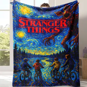 Countdown Sale! Stranger Things Van Gogh Starry Night Flannel Blanket – A Unique Christmas Gift for Series Enthusiasts, Showcasing Demogorgon & Biking Kids in Artistic Style, Ideal for Gifting to Bring Nostalgic Sci-Fi Coziness This Holiday