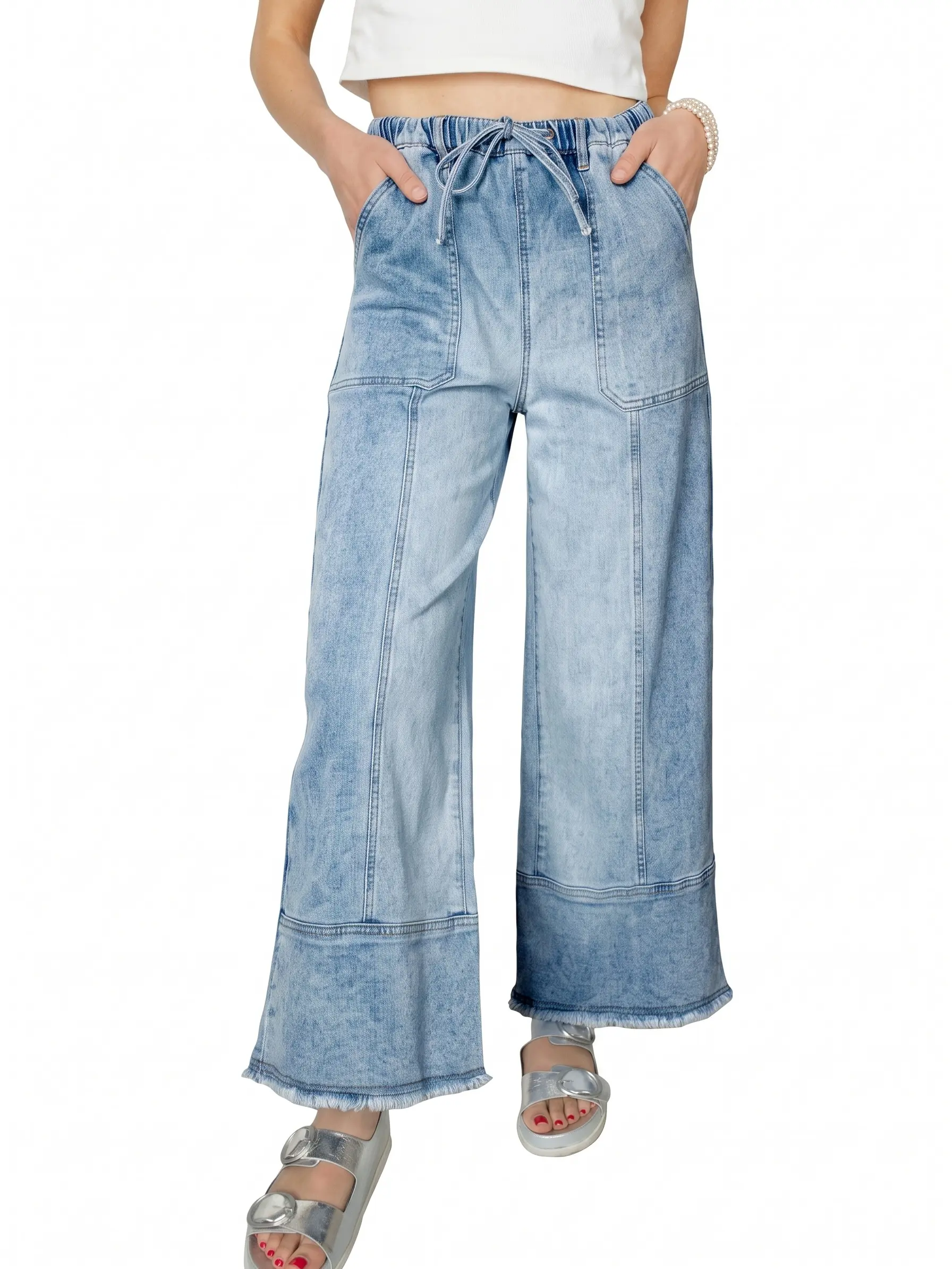 Shewin Summer Outfit Women's Drawstring Elastic Waist Wide Leg Jean - Patchwork Seam Frayed Cuff Hem Casual Denim Pant for Daily Outings   DealsForYouDays,back to school shopping
