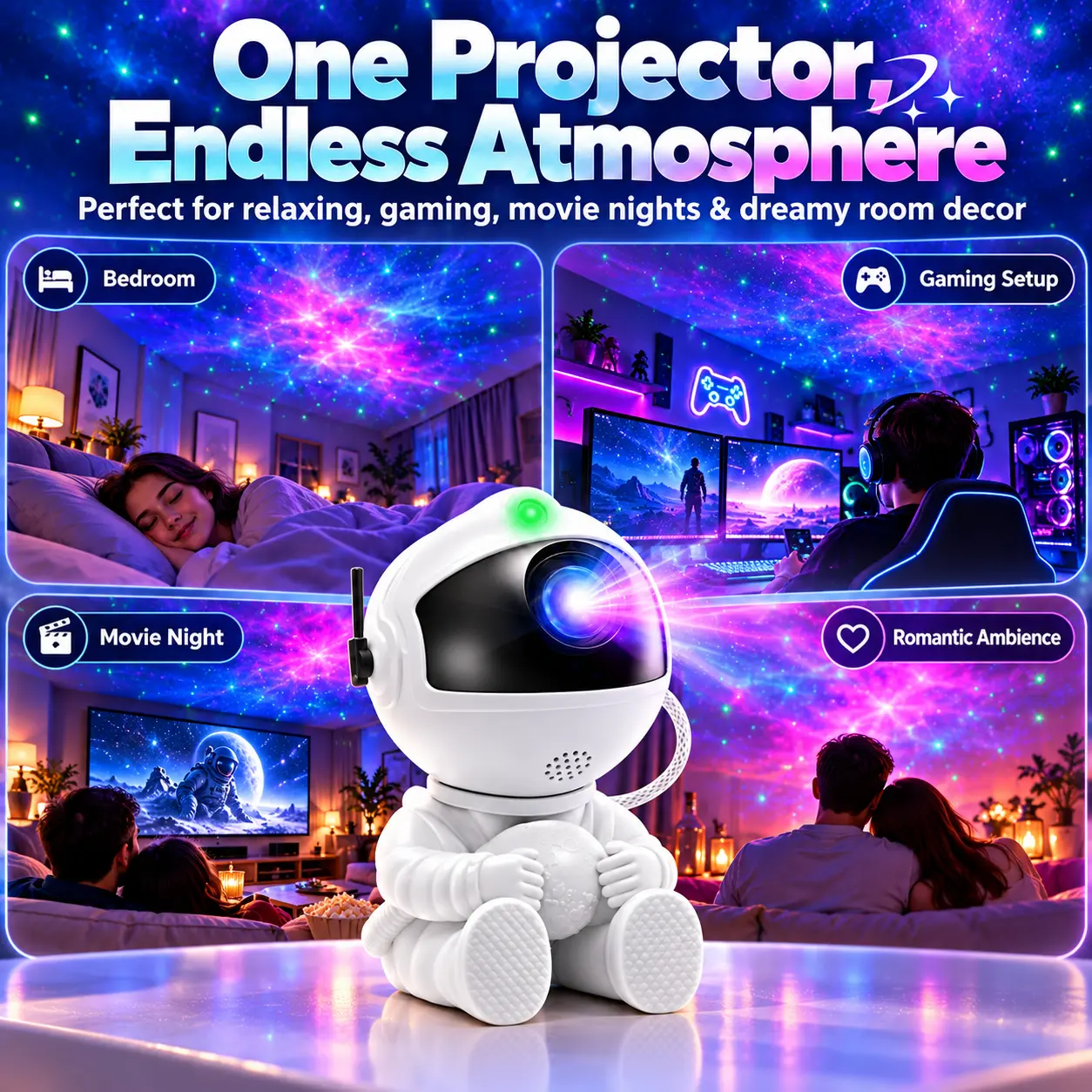 Astronaut Star Projector Night Light, 8 Projection Modes Galaxy Nebula Lamp with Remote Control, 360° Adjustable Head, 4 Brightness Levels, 5 Flow Speeds, USB-C Powered for Bedroom, Kids Room and Home Decor