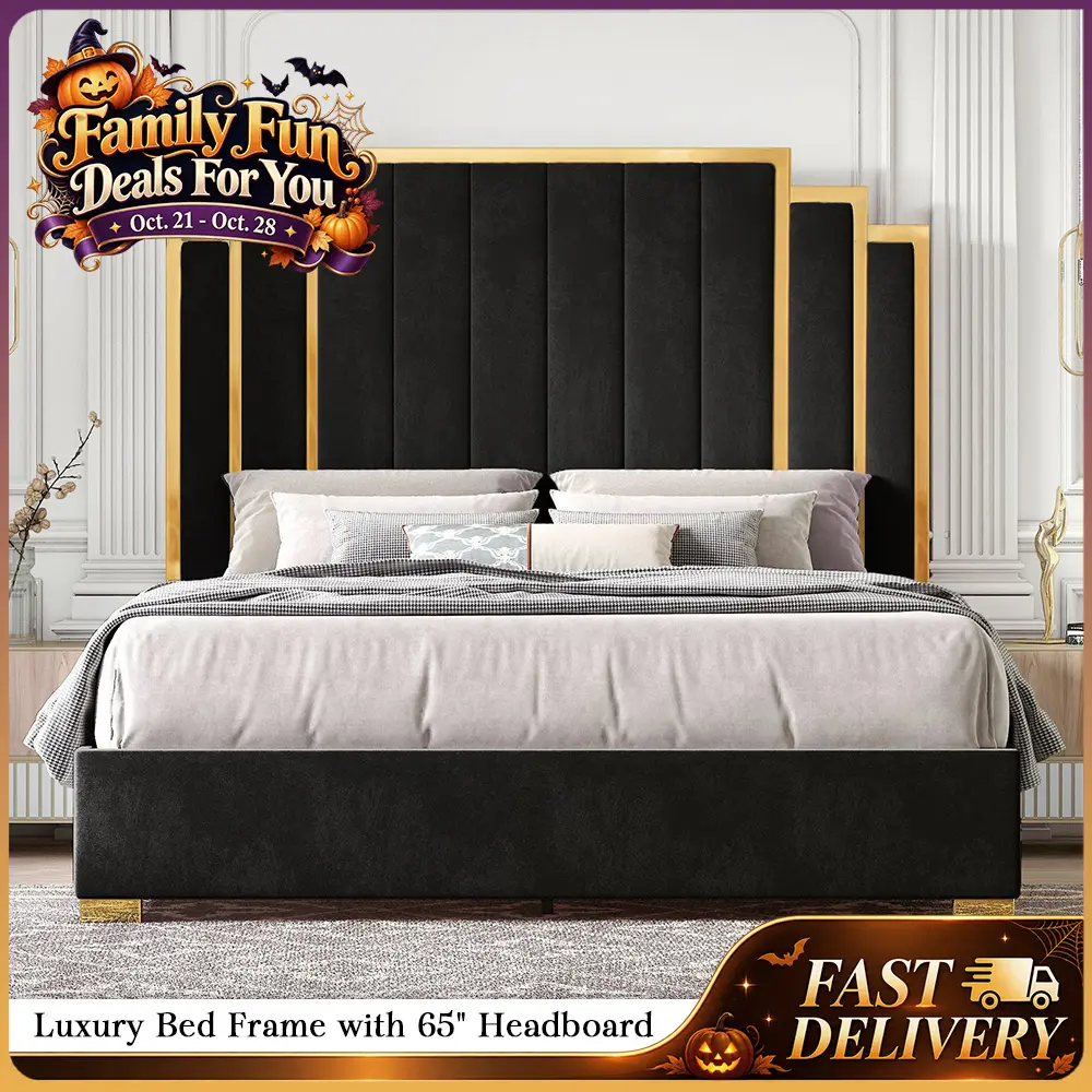AMERLIFE Bed Frame with 65" Headboard, Upholstered Platform Bed with Golden Plating Trim, Modern Luxury Bed Frame, No Box Spring Needed/No Mattress/Queen/King//Unique Bedroom Furniture/Christmas Gifts/Best Gift Ideas/Cozy Home
