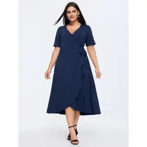 BLOOMCHIC Women's Plus Size Polyester Spandex Smooth Basic Short-Sleeve Stretchy Wrap Side-Tie Pocket Midi Dress [M-6X] - 2026 Summer Vibes, Swimweek Spotlight, Casual Fit Deals